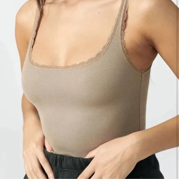 JOAH BROWN Scoop Neck Tank W/ Lace Trim, Taupe Rib, SM - Picture 2 of 11